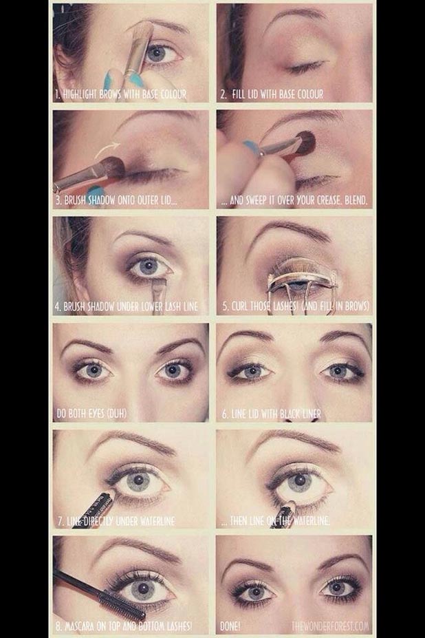 Ways to Apply Eye Makeup in 8 Simple Steps 14 Here is a picture to show you the whole process and tools in one single photo for the eye make up in additions to some extra steps if you want more things to apply in your eyes.